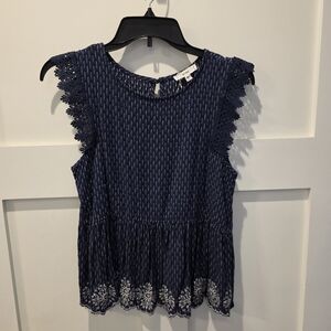 Mine Sleeveless Navy Blue Peplum Top Embroidery Lace Detail Med Boho Feminine